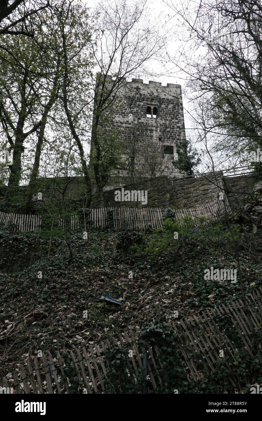 Konigswinter, Allemagne - 16 avril 2021 : clôture et walll sur une colline au-dessous des ruines du château de Drachenfels par un jour nuageux de printemps. Banque D'Images