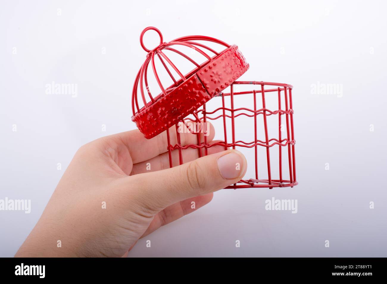 Petite maison d'oiseau de couleur rouge avec des barres de métal sur un fond blanc Banque D'Images