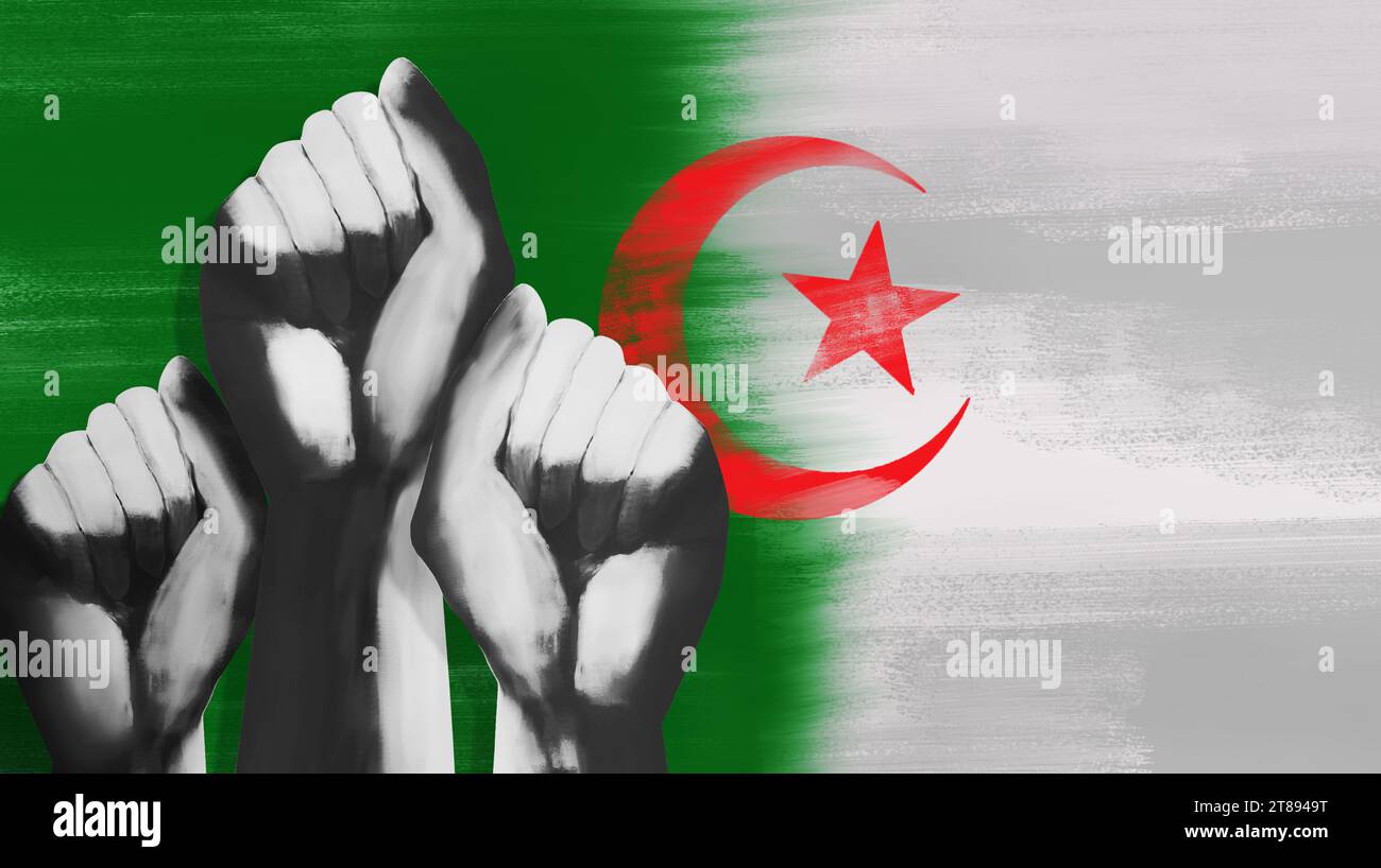 Plusieurs poings serrés contre le drapeau algérien.manifestation en Algérie.manifestation pour l'Algérie Banque D'Images