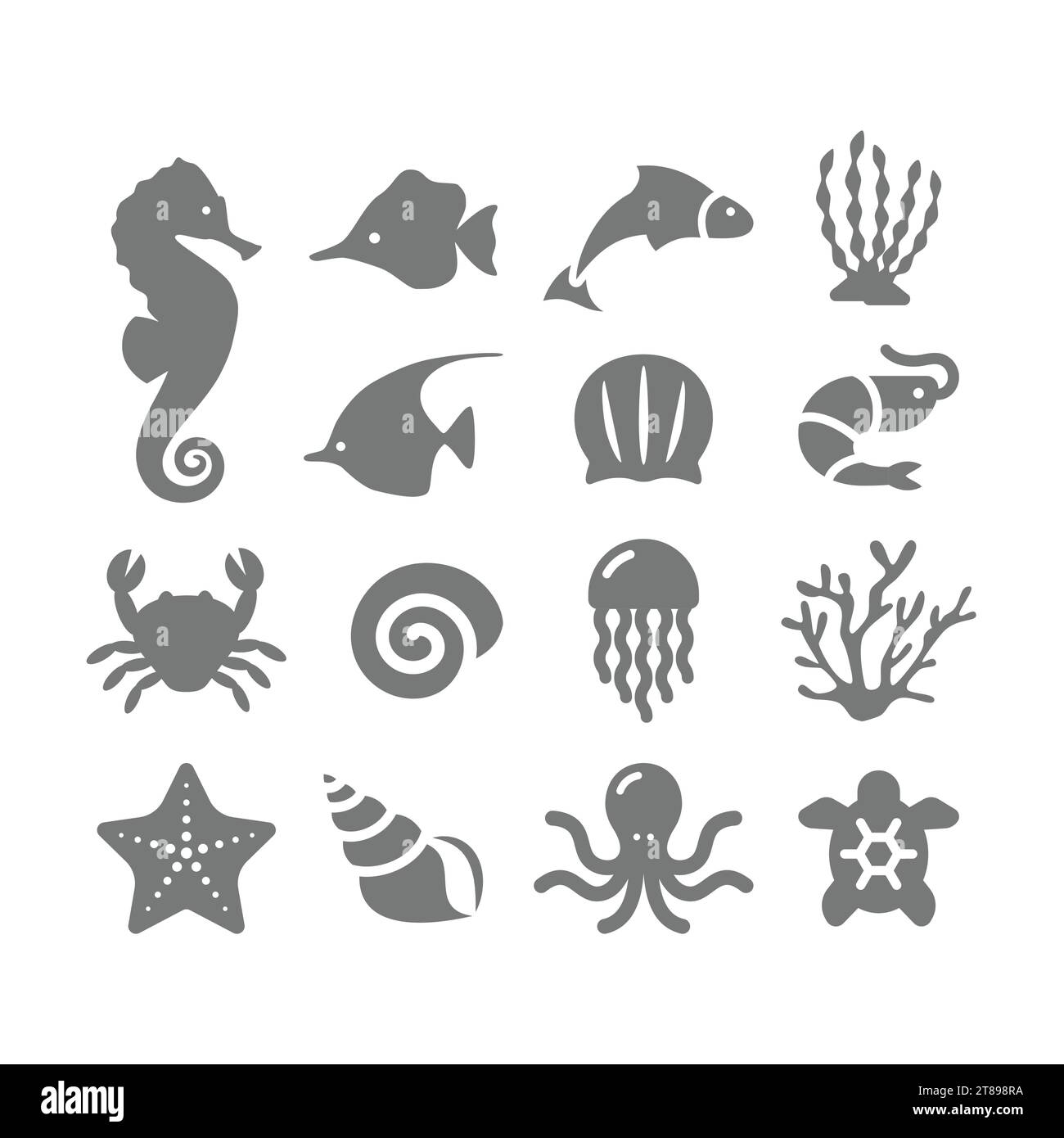 Icônes vectorielles de vie marine ou marine, poulpe et cheval de mer. Jeu d'icônes de poissons, coquillages et méduses. Illustration de Vecteur