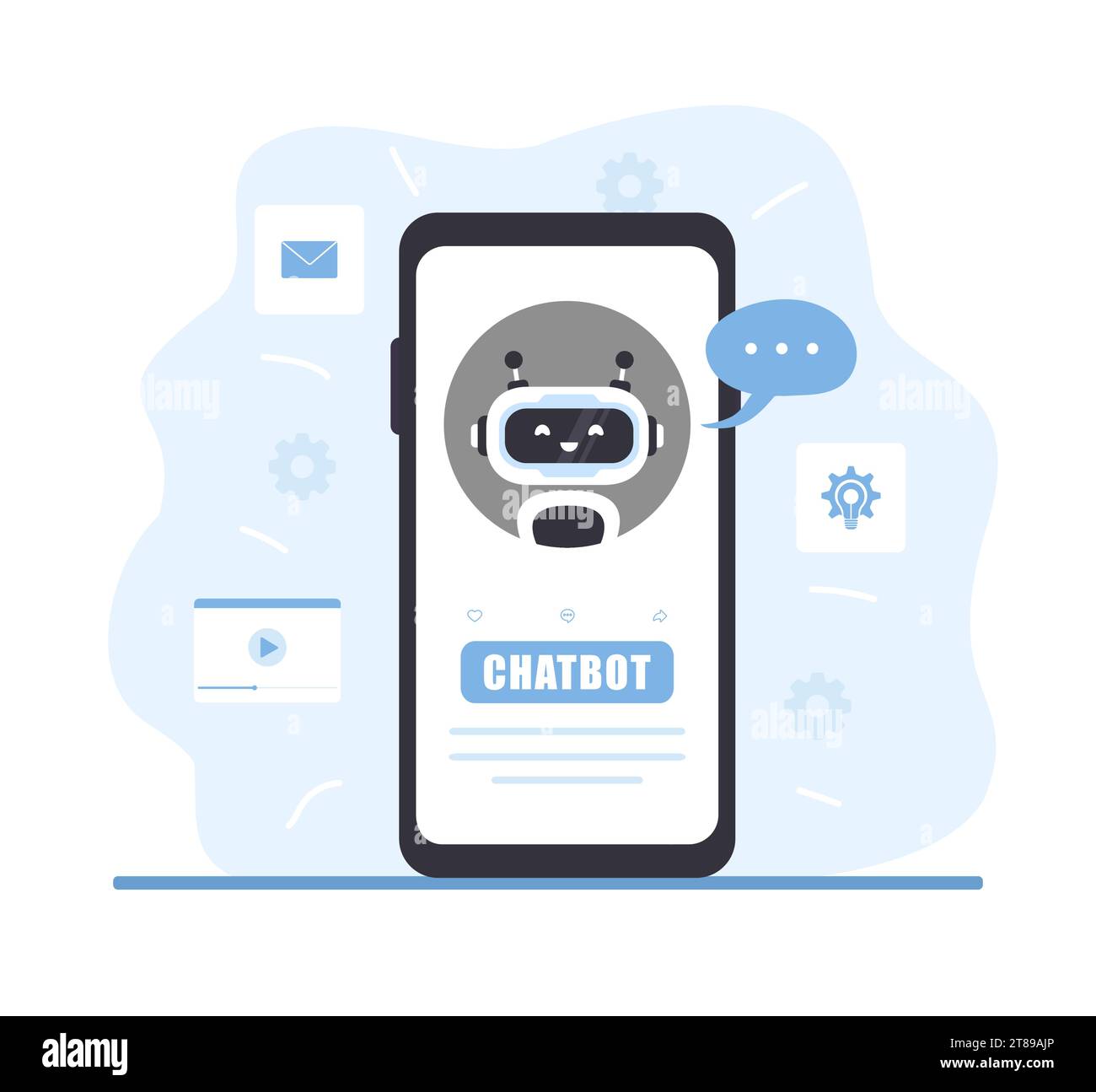 Robot chatbot sur l'écran du smartphone. Assistant d'affaires IA. Support client en ligne et FAQ. Technologie d'intelligence artificielle. Plate-forme d'assistance Illustration de Vecteur
