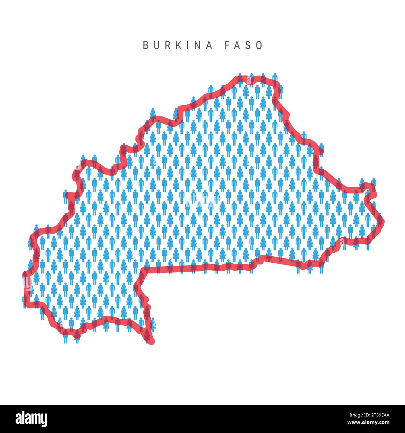 Carte de la population du Burkina Faso. Stick figurines carte du peuple de la haute-Volta avec bordure de pays translucide rouge gras. Modèle d'icônes hommes et femmes. V isolé Illustration de Vecteur