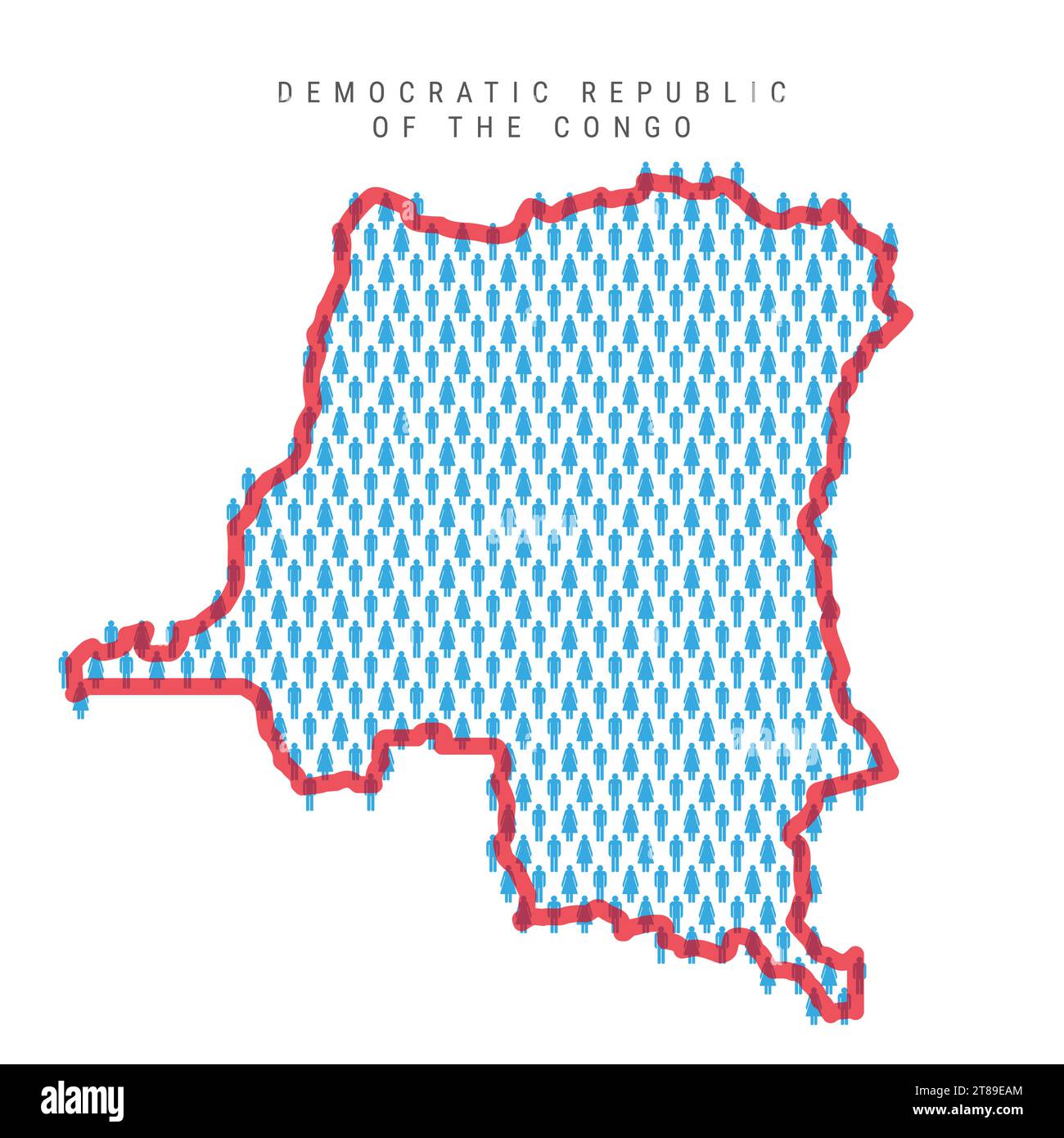 Carte de la population de la RD Congo. Stick chiffres DR Congo People carte avec rouge rouge rouge translucide frontière du pays. Modèle d'icônes hommes et femmes. Vecteur isolé i Illustration de Vecteur