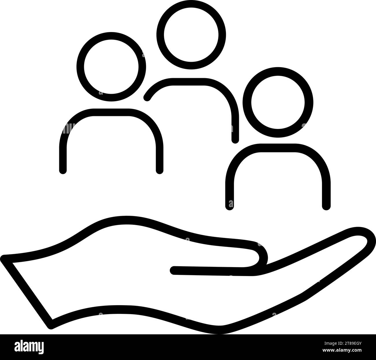 Icône de ligne de groupe de personnes sur la paume comme un concept de protection des employés et de lieu de travail inclusif Illustration de Vecteur