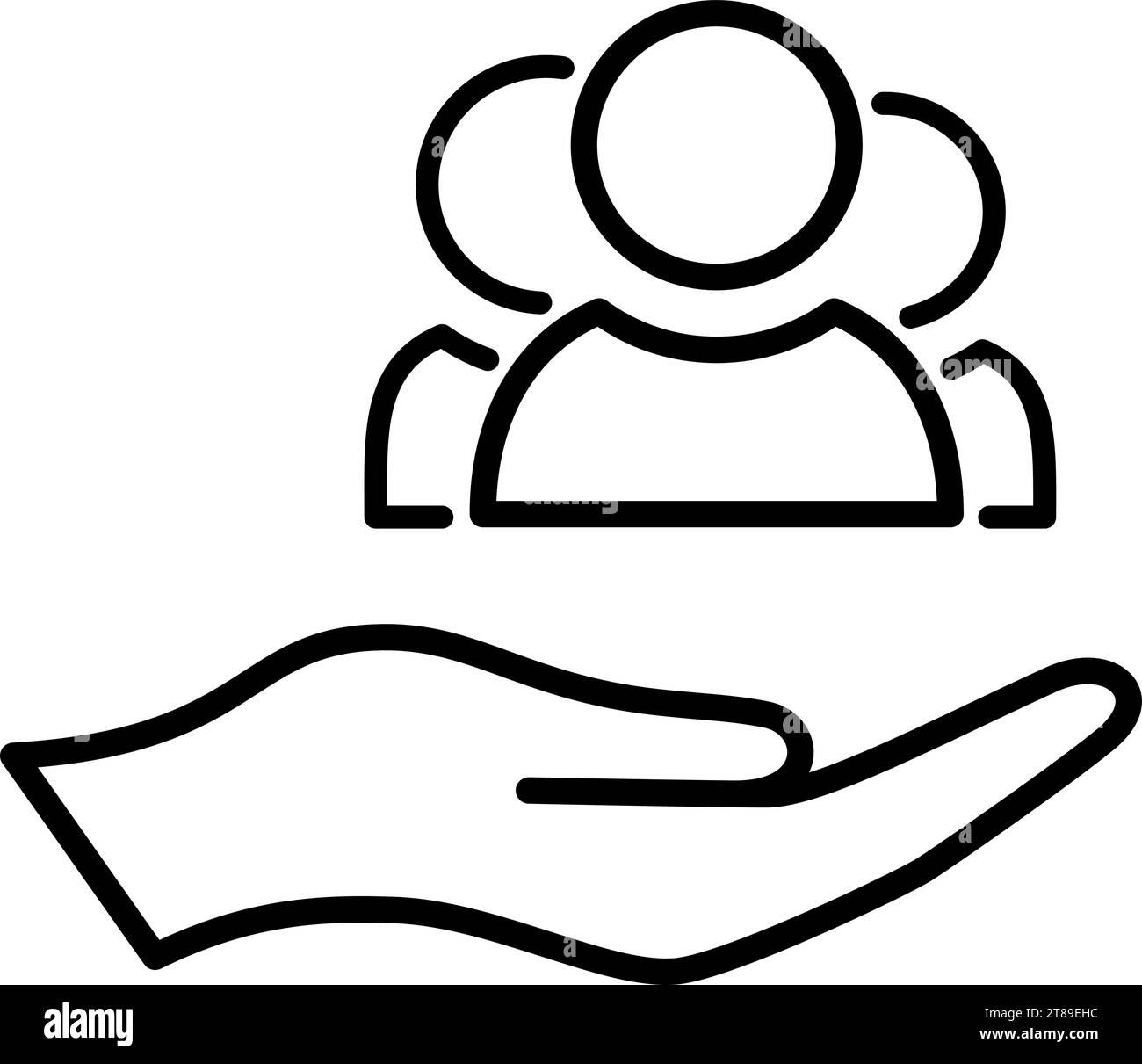 Icône de ligne de groupe de personnes sur la paume comme concept de protection des employés Illustration de Vecteur