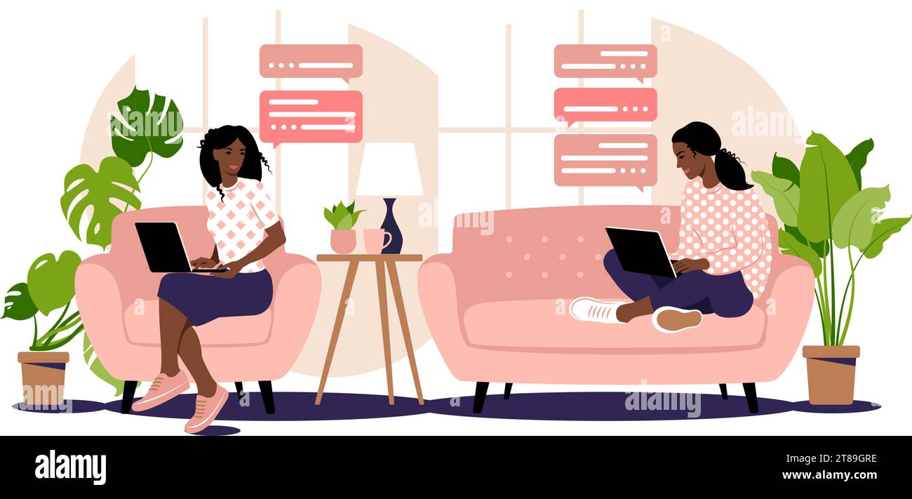 Illustration du travail freelance. Les filles africaines travaillent à l'ordinateur à la maison sur le canapé. Freelance ou étude concept. Les filles ont beaucoup de travail Illustration de Vecteur