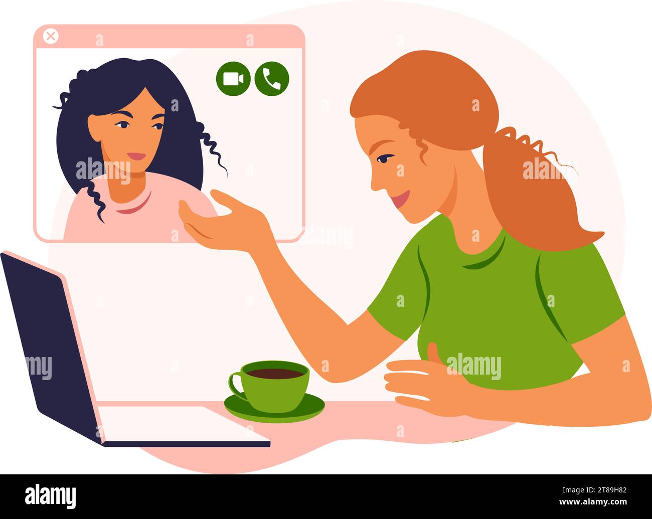 Les copines discutent en ligne. Fille assise dans une chaise devant un ordinateur portable et parle avec un ami. Vidéoconférence, concept de chat en ligne. En cours de fonctionnement ou Illustration de Vecteur