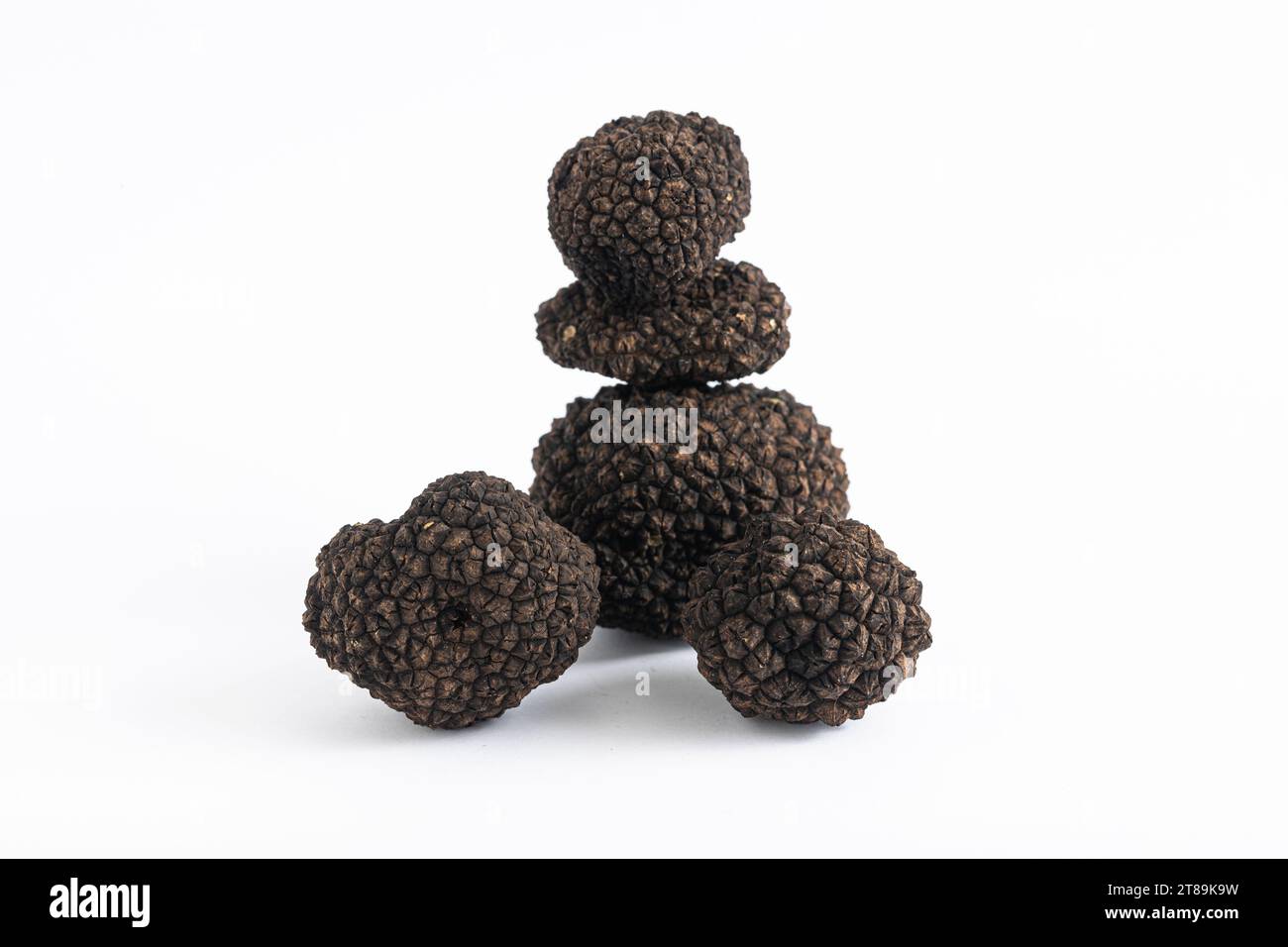 Groupe de truffes noires empilées sur fond blanc Banque D'Images Groupe de truffes noires empilées sur fond blanc Banque D'Images