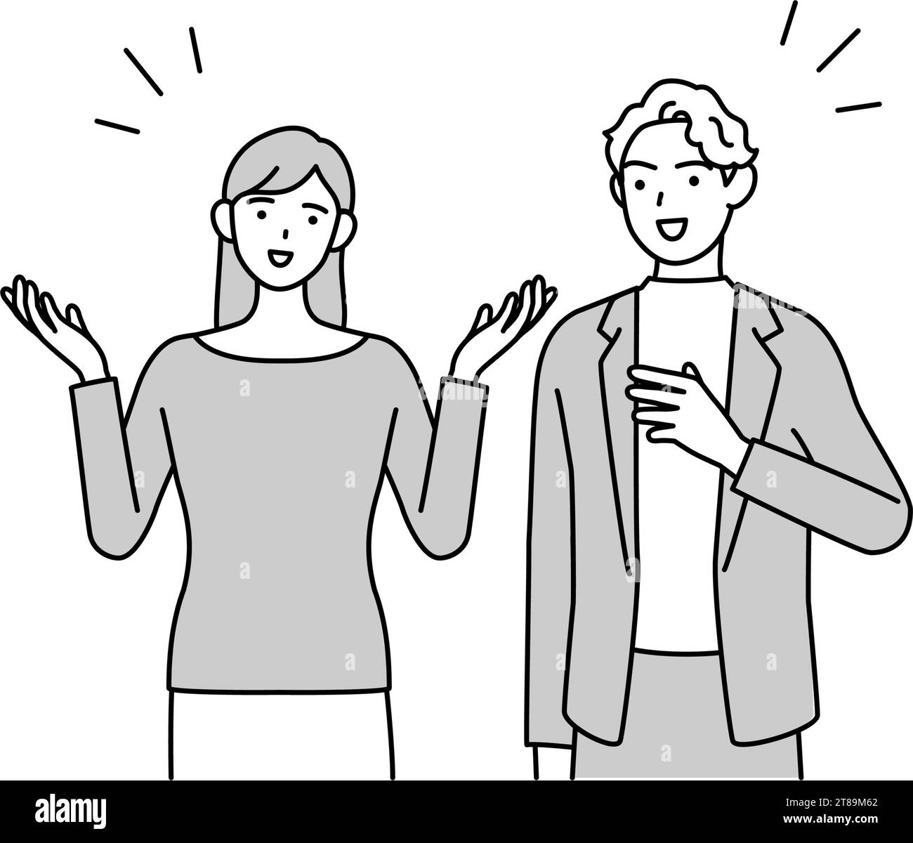 Conversation anglaise, femme japonaise parlant anglais avec un homme blanc, Illustration vectorielle Illustration de Vecteur