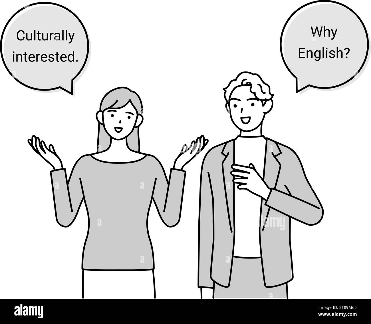 Conversation anglaise, femme japonaise parlant anglais avec un homme blanc, avec ballon de parole, Illustration vectorielle Illustration de Vecteur