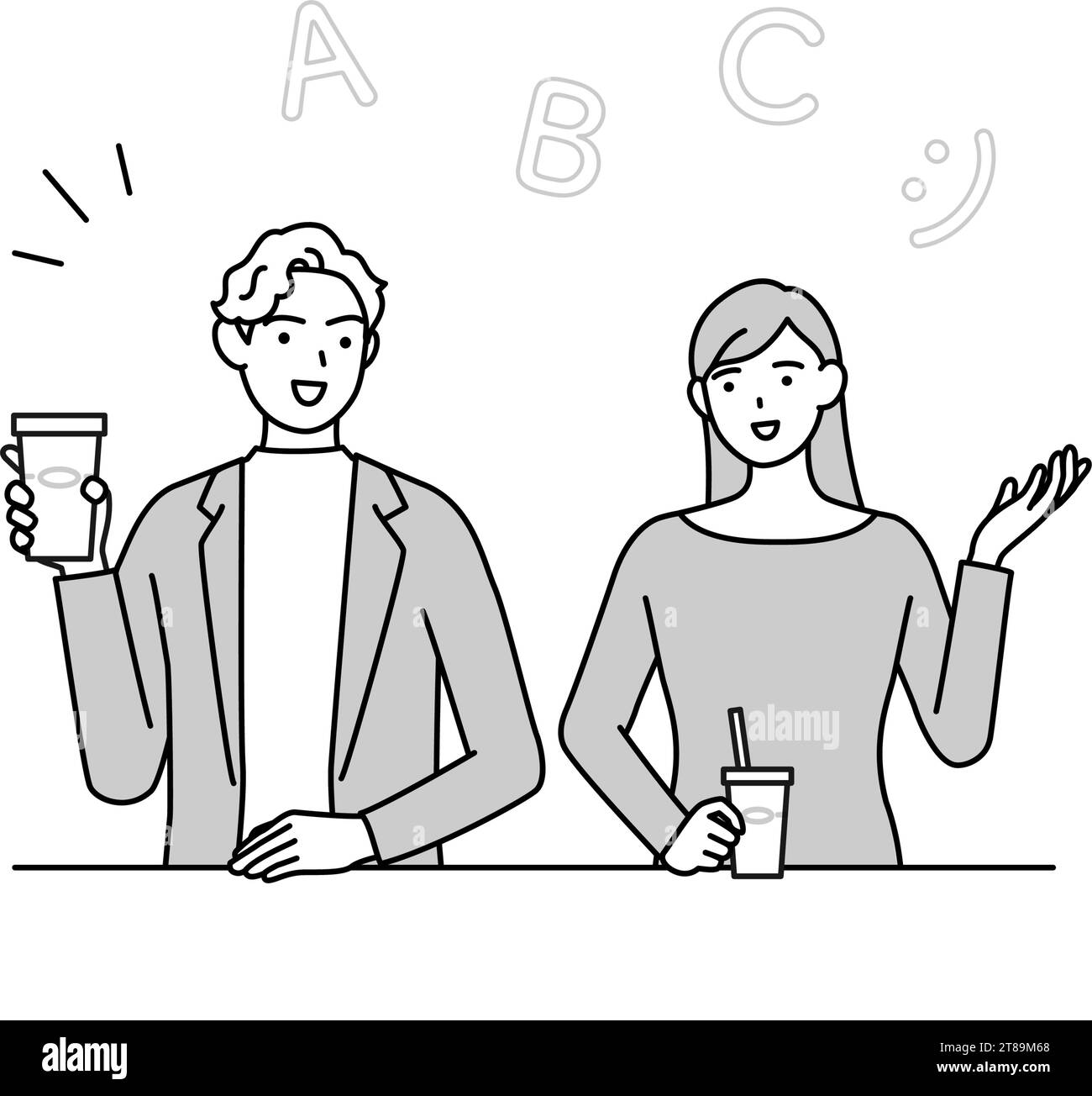 Conversation anglaise, femme japonaise parlant anglais avec un homme blanc dans un café, Illustration vectorielle Illustration de Vecteur