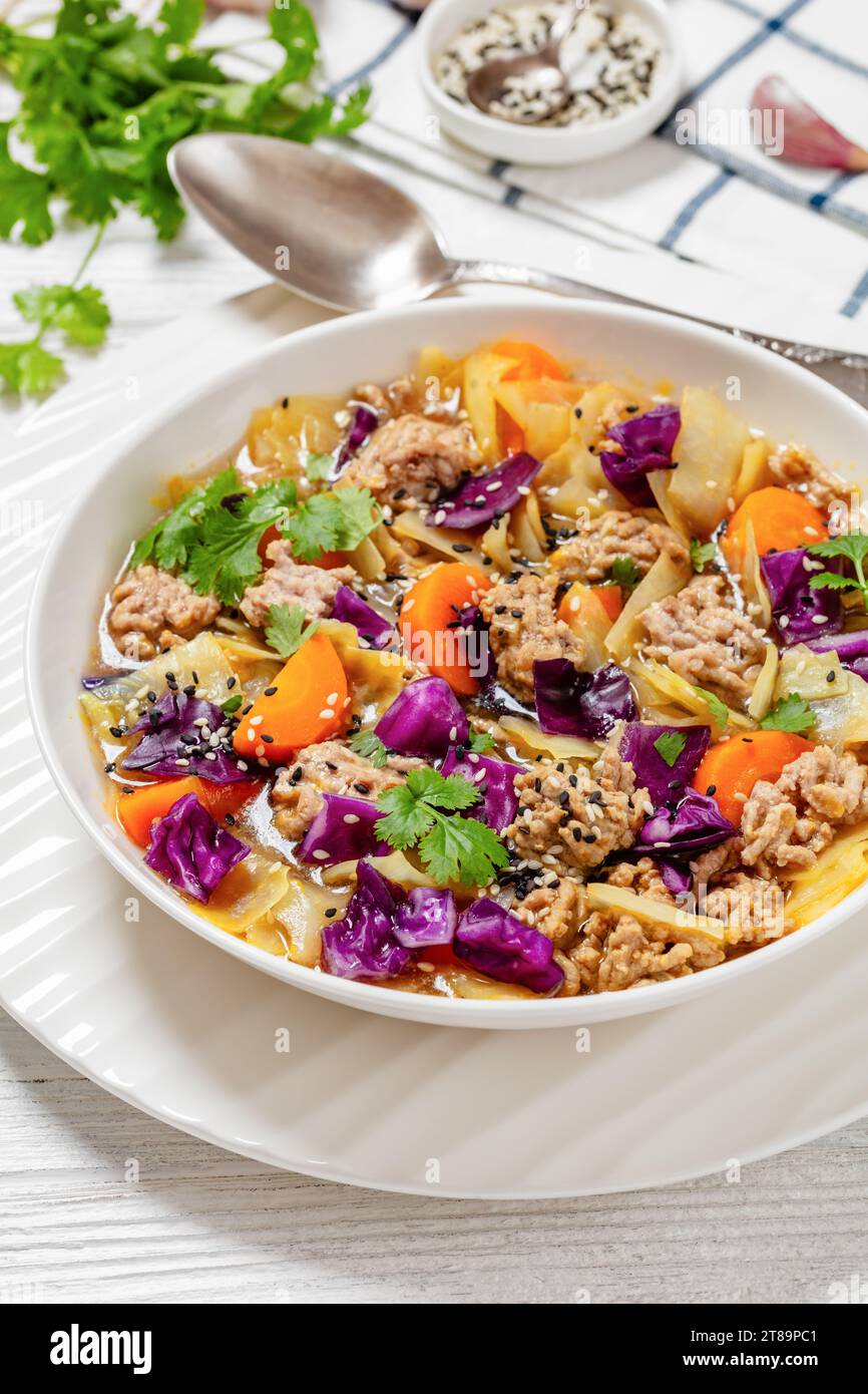 soupe au chou roulé aux œufs avec du porc haché et des légumes dans un bol blanc sur une table en bois blanc avec des ingrédients, cuisine asiatique, vue verticale, gros plan Banque D'Images