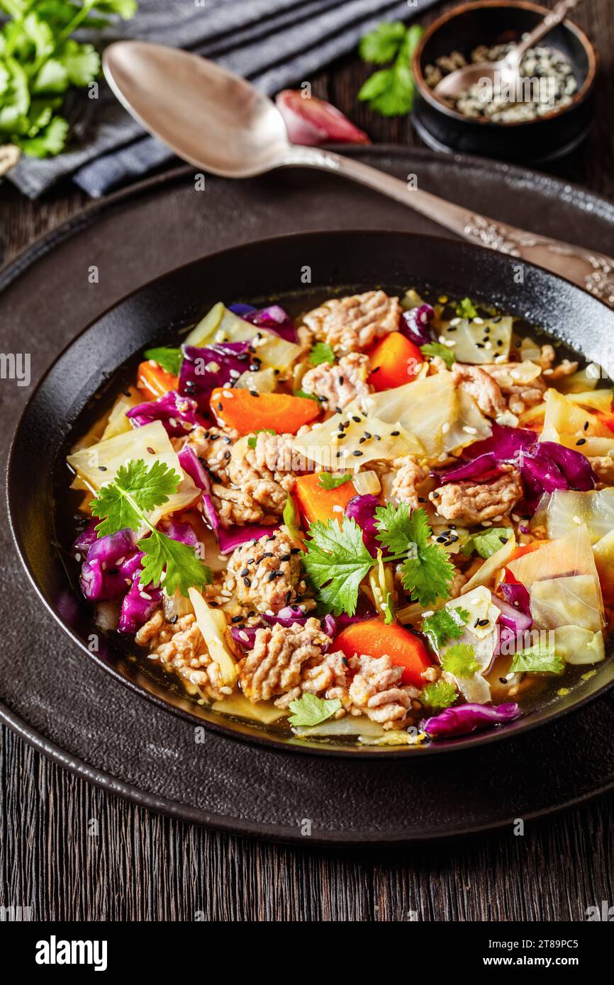 soupe au chou roulé aux œufs avec du porc haché et des légumes dans un bol noir sur une table en bois sombre avec des ingrédients et une cuillère, cuisine asiatique, vue verticale Banque D'Images