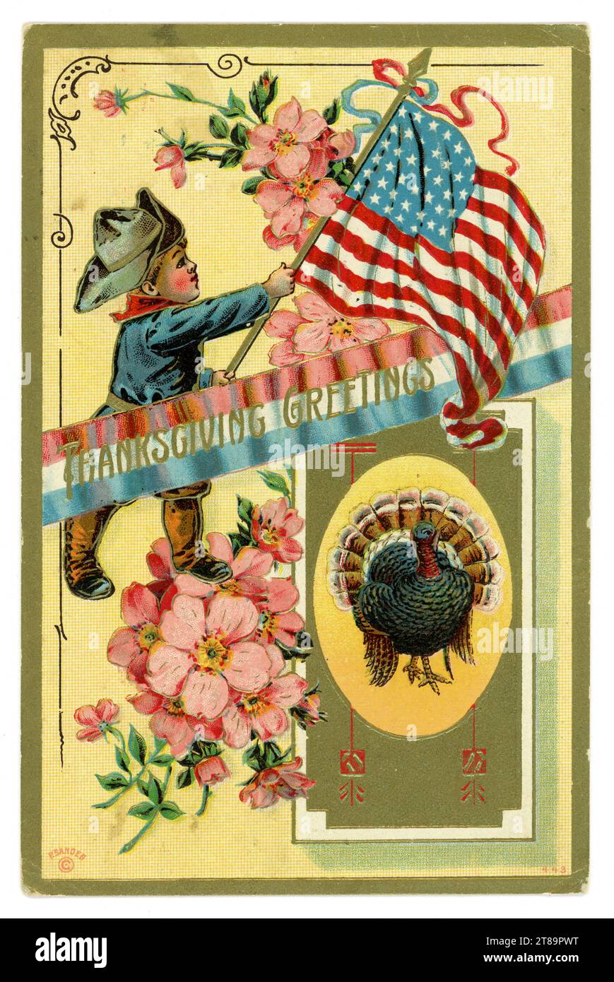 Carte postale originale et charmante en relief de l'American Thanksgiving Day turquie, étoiles et rayures, soldat, posté le 23 1910 novembre, USA. Banque D'Images