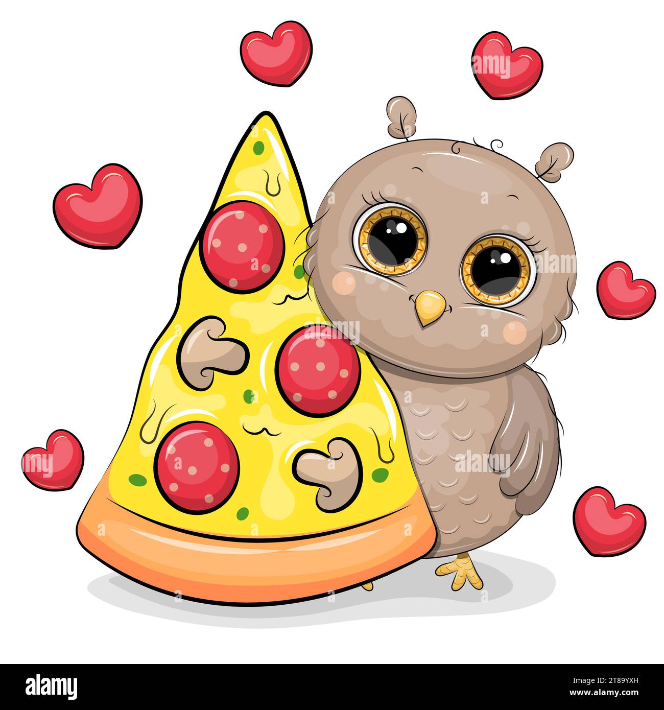 Chouette de dessin animé mignon avec un gros morceau de pizza. Illustration vectorielle d'un animal sur un fond blanc avec des coeurs rouges. Illustration de Vecteur