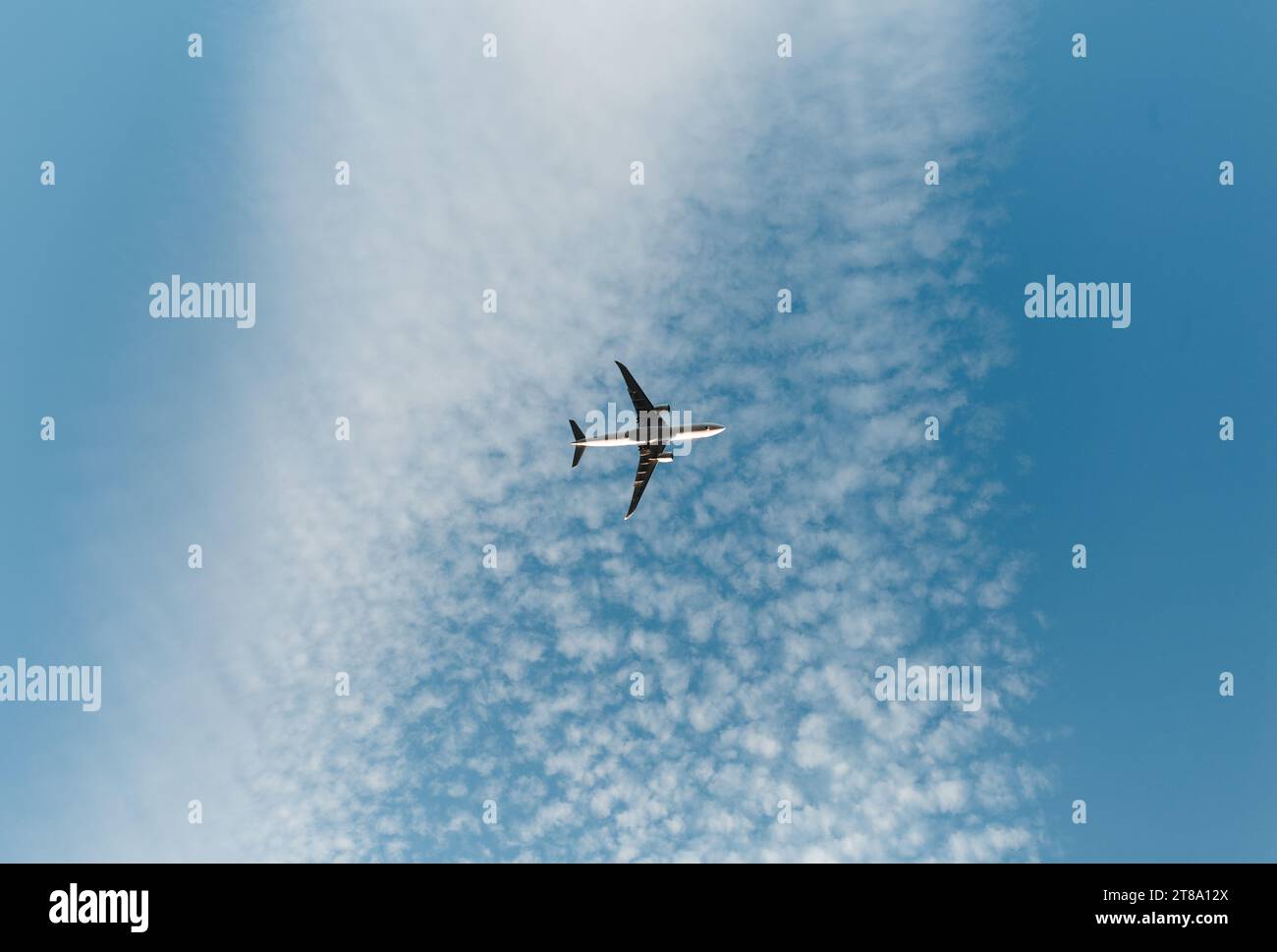Silhouette d'avion volant dans le ciel bleu avec des nuages blancs. Concept de voyage et de transport - avion de passagers en vol - photo prise d'en bas (g Banque D'Images
