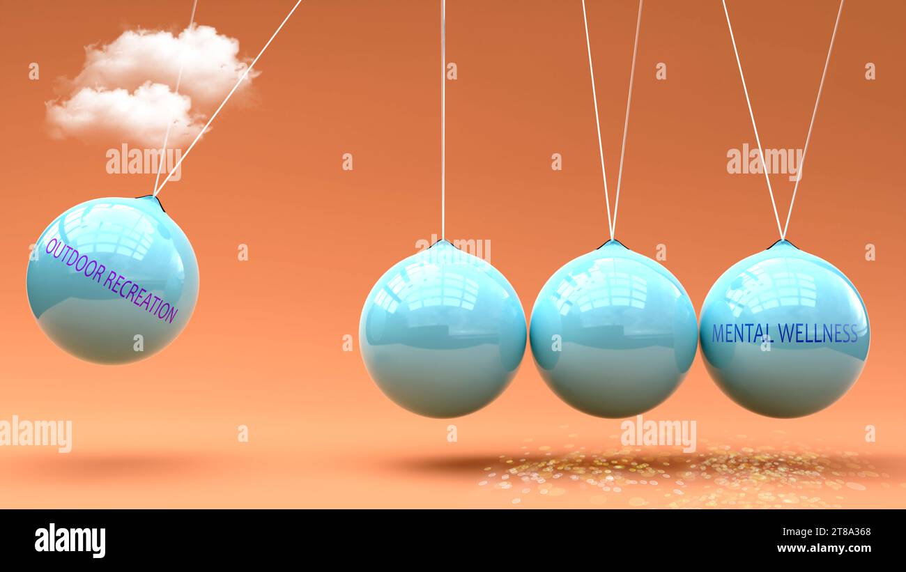 Les loisirs en plein air mènent au bien-être mental. Relation de cause à effet entre eux.,illustration 3D. Banque D'Images