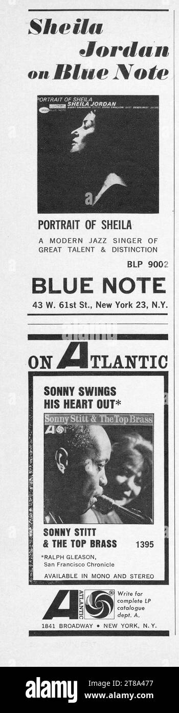 Publicités jazz d'un magazine de musique du début des années 1960 pour un album Blue Note de la chanteuse Sheila Jordan et un album Atlantic du saxophone alto Sonny Stitt. Banque D'Images
