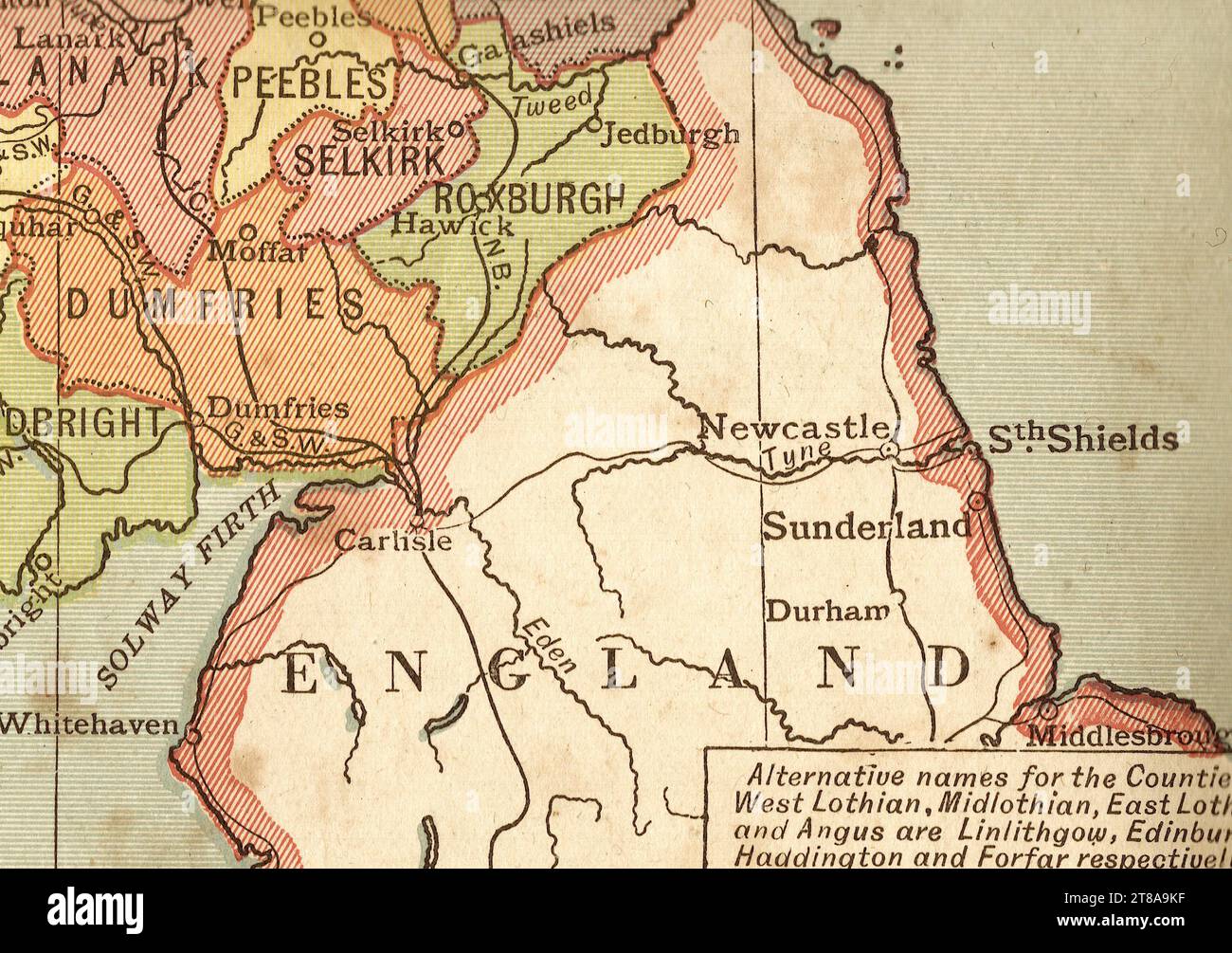 Une ancienne carte en couleur sépia politique de l'Écosse la frontière entre l'Écosse et l'Angleterre. Banque D'Images