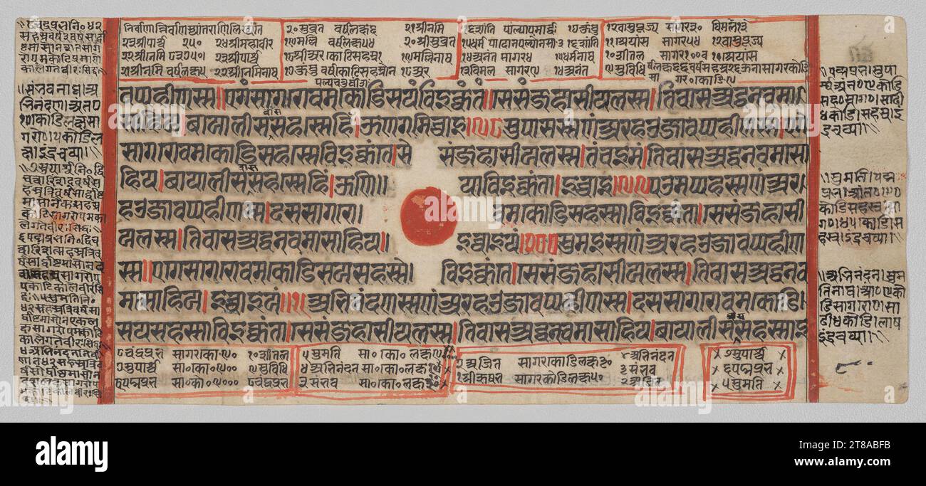 Texte, Folio 53 (recto), tiré d'un Kalpa-sutra, c. 1475-1500. Inde occidentale, Gujarat, dernier quart du 15e siècle. Gomme tempera, encre et or sur papier ; total : 12,5 x 25,7 cm (4 15/16 x 10 1/8 po). Banque D'Images