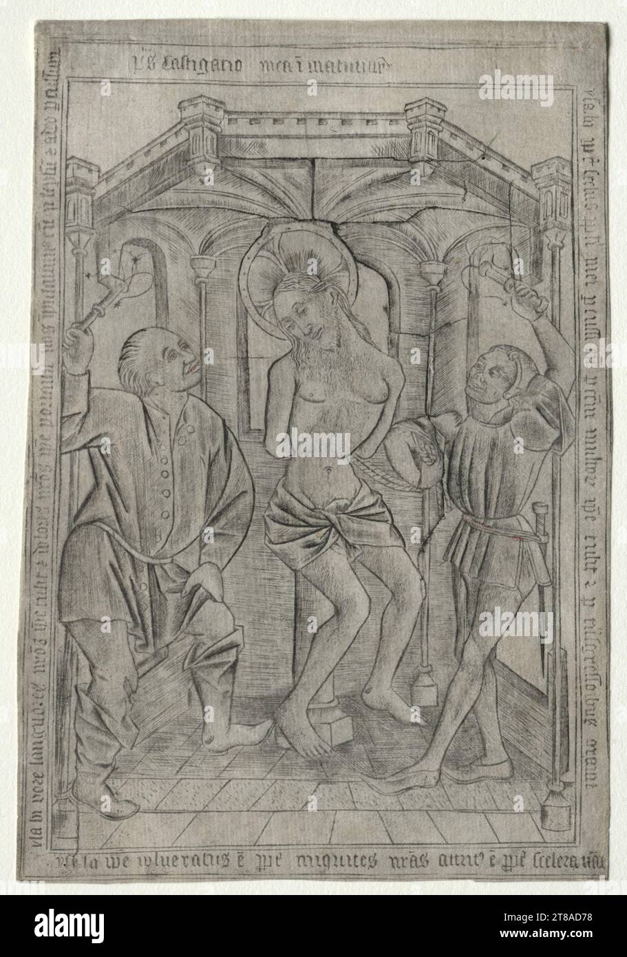 La passion : la flagellation, v. 1450-75. Maître des Banderoles (Néerlandish). Gravure avec des traces de coloriage à la main ; image : 19,4 x 13,3 cm (7 5/8 x 5 1/4 po). Banque D'Images