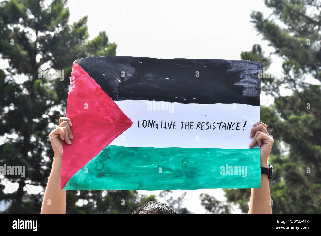 Bandung, Indonésie. 19 novembre 2023. Affiche soutenant la Palestine par des militants de l'Alliance du mouvement populaire pour l'indépendance palestinienne lors de la manifestation pour l'indépendance palestinienne à Bandung, Java Ouest, Indonésie. Le 19 novembre 2023. Cette action exige la fin du génocide perpétré par les Forces de défense israéliennes à Gaza et soutient le plein droit du peuple palestinien à résister à l'oppression. (Photo Dimas Rachmatsyah/Sipa USA) crédit : SIPA USA/Alamy Live News Banque D'Images