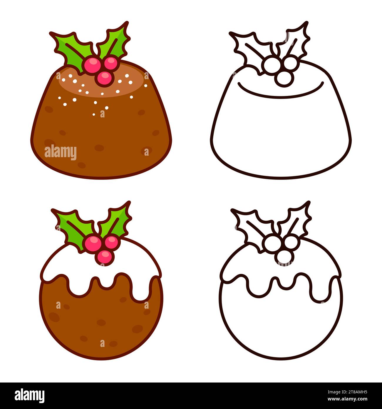 Pudding de Noël traditionnel aux baies de houx. Dessin de dessin animé en couleur et icône de ligne noire et blanche. Jeu d'illustrations clip art vectorielles. Illustration de Vecteur