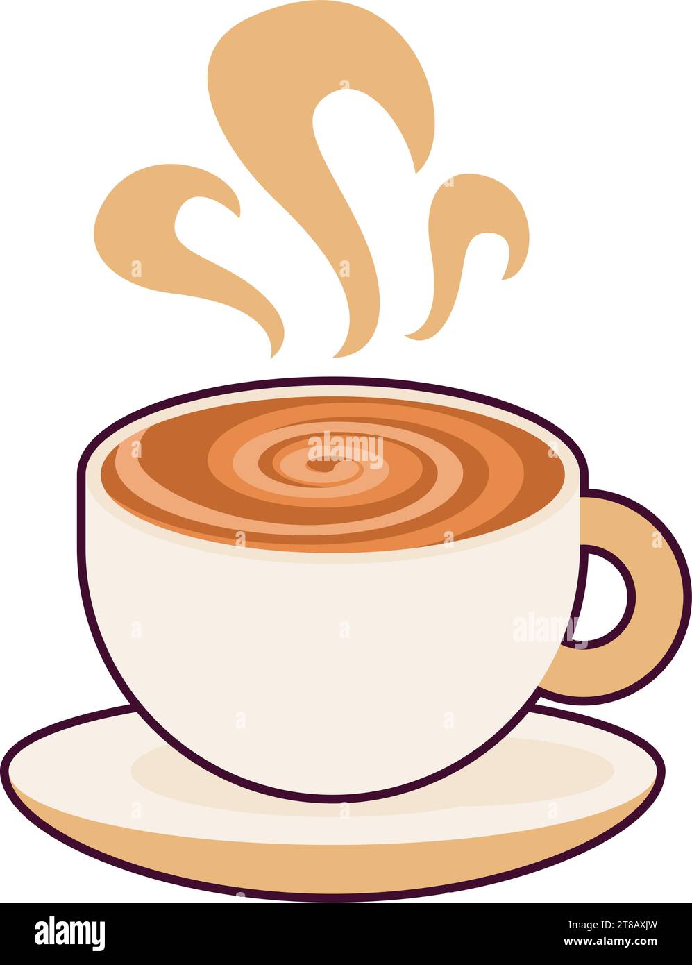 Tasse en céramique avec tourbillon vapeur chaud cappuccino doux et motif mousse sur la surface en torsadé mélangé dans la spirale. Boissons à base de café revigorantes. Simple colore Illustration de Vecteur