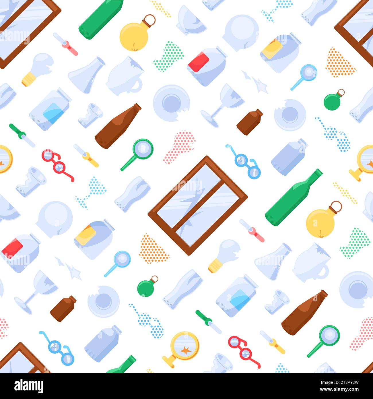 Objets en verre non désiré cassé modèle sans couture avec des ustensiles de cuisine, verre de fenêtre, pots, bouteilles, ampoules, jouets. Orné pour l'impression sur tissu, W Illustration de Vecteur