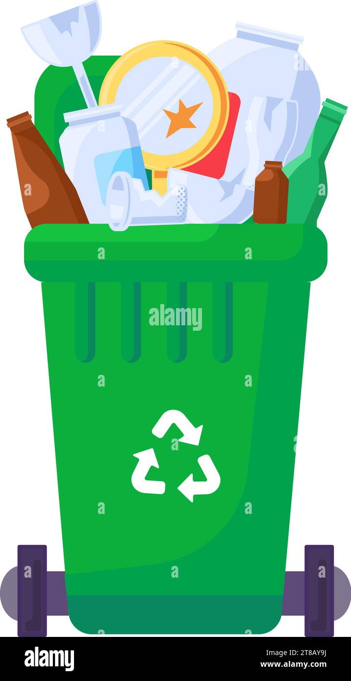 Conteneur à couvercle ouvert pour le stockage, le recyclage et le tri des déchets de verre ménagers usagés. Poubelle transportable verte pour éclats de verre et bouteilles. C Illustration de Vecteur