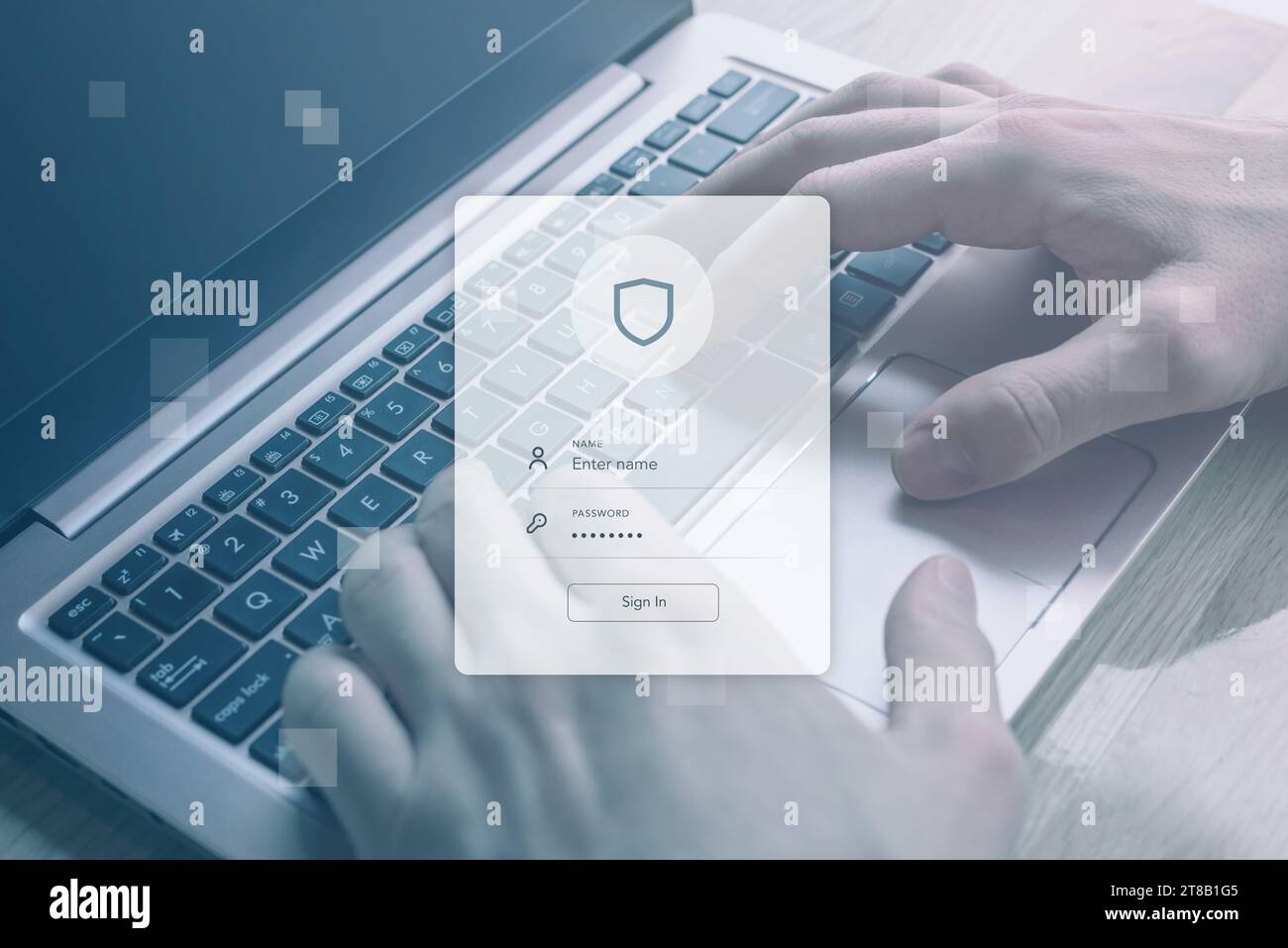 Concept de formulaire de connexion autentication avec les mains sur un ordinateur portable. Intégration transparente de la sécurité pour un visuel technologique propre et fonctionnel Banque D'Images