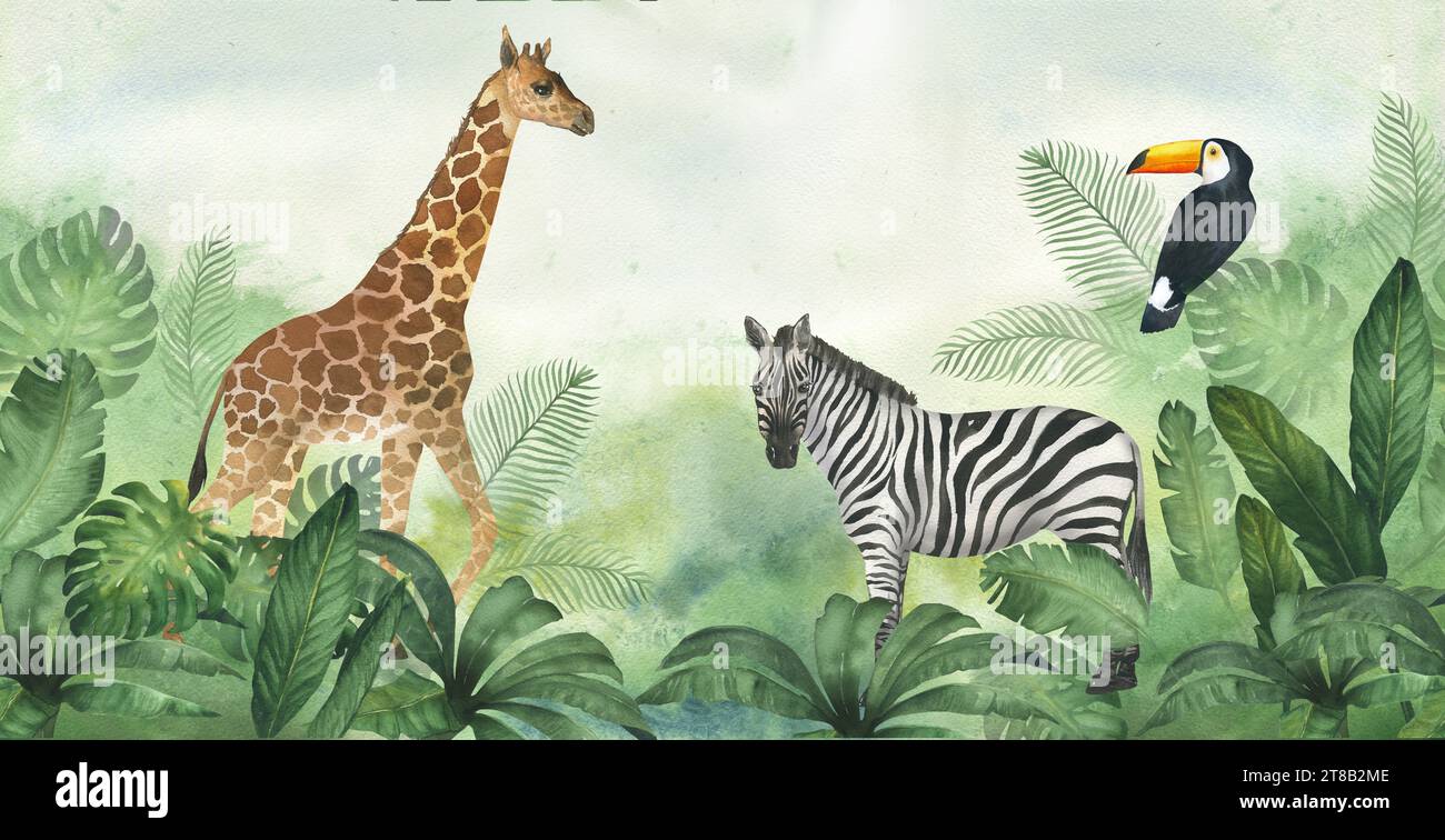Bannière d'illustration d'aquarelle, cadre ou composition de modèle de feuilles tropicales, girafe, zèbre et toucan d'oiseau. Impression sans couture pour les enfants Banque D'Images