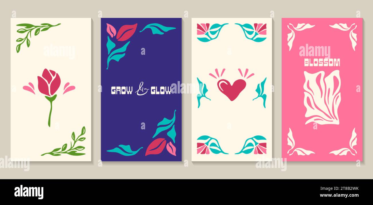 Affiches florales abstraites avec des fleurs et des feuilles dans le style minimal matisse. Décorations intérieures groovy naïves modernes. Arts muraux botaniques à la mode, cadres avec illustration vectorielle de conception florale. Illustration de Vecteur