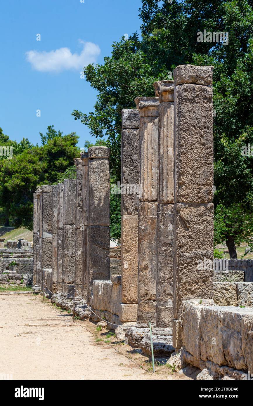 Ruines grecques antiques à Olympie, la maison des Jeux Olympiques, Péloponnèse, Grèce Banque D'Images