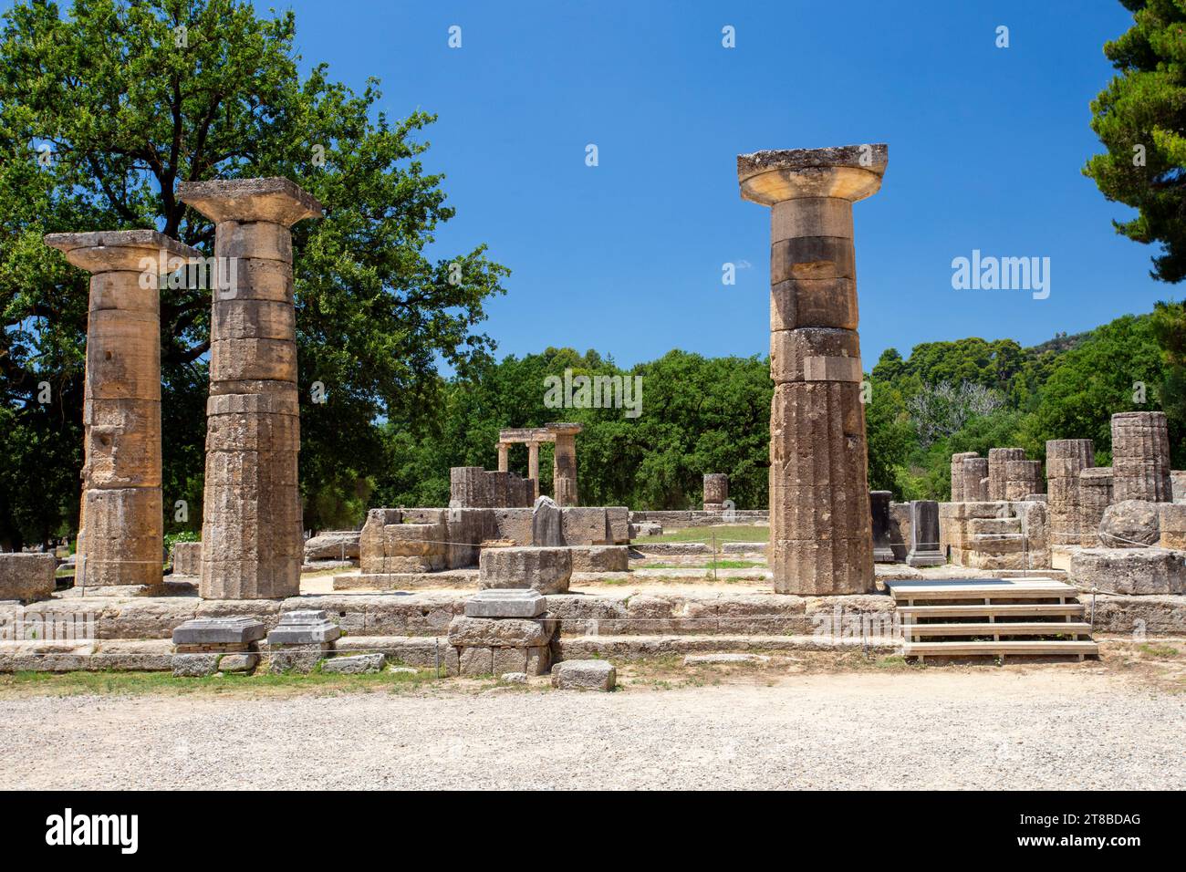Temple d'Héra sur les ruines grecques antiques à Olympie, la maison des jeux olympiques, Péloponnèse, Grèce Banque D'Images