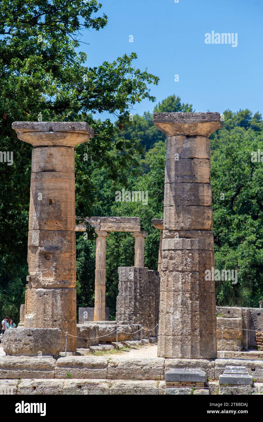 Temple d'Héra sur les ruines grecques antiques à Olympie, la maison des jeux olympiques, Péloponnèse, Grèce Banque D'Images