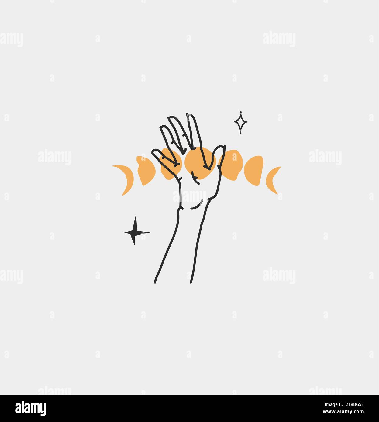 Dessin à la main vecteur résumé contour, graphique, art de ligne magie main humaine avec lune et étoiles logo dans le style minimaliste moderne.Lune et étoiles signe contour Illustration de Vecteur