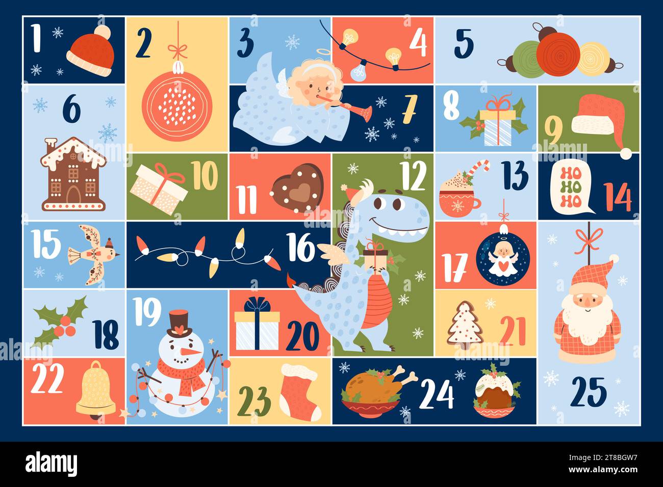 Calendrier de l'AVENT de Noël décembre pour 25 jours. Dragon, ange