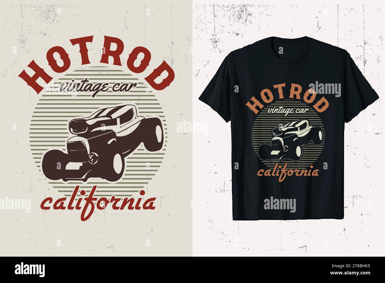 California HotRod car T-shirt Design. Vintage HotRod vecteur de voiture graphique t-shirt. modèle de tee-shirt personnalisé american hot rod vieilles voitures. Illustration de Vecteur