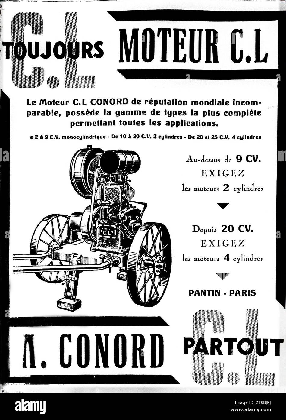Une publicité monochrome de langue française de 1926 pour les moteurs C.L. Conord présentant une illustration d'un moteur stationnaire à l'ancienne. Banque D'Images