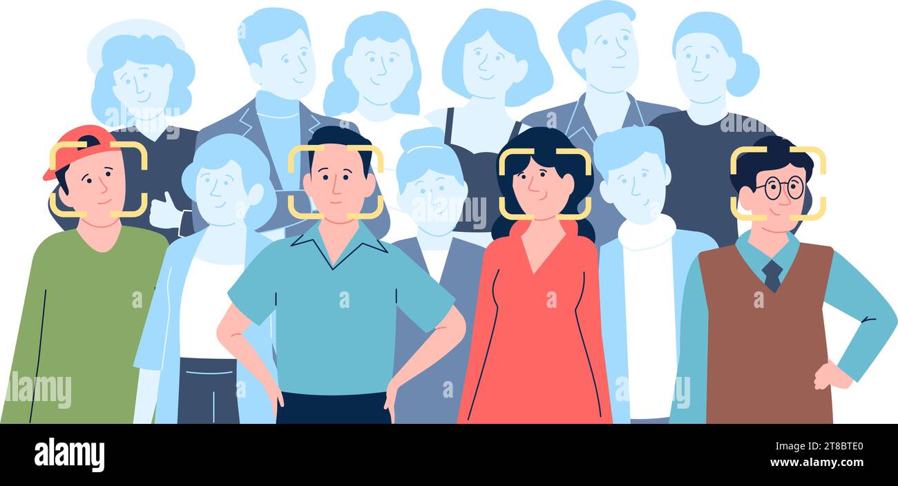 Reconnaissance de la personne dans la foule sur le visage. Technologies de sécurité numérique, concept de sécurité de l'espace public. Authentification moderne, ai apprentissage vecteur récent Illustration de Vecteur