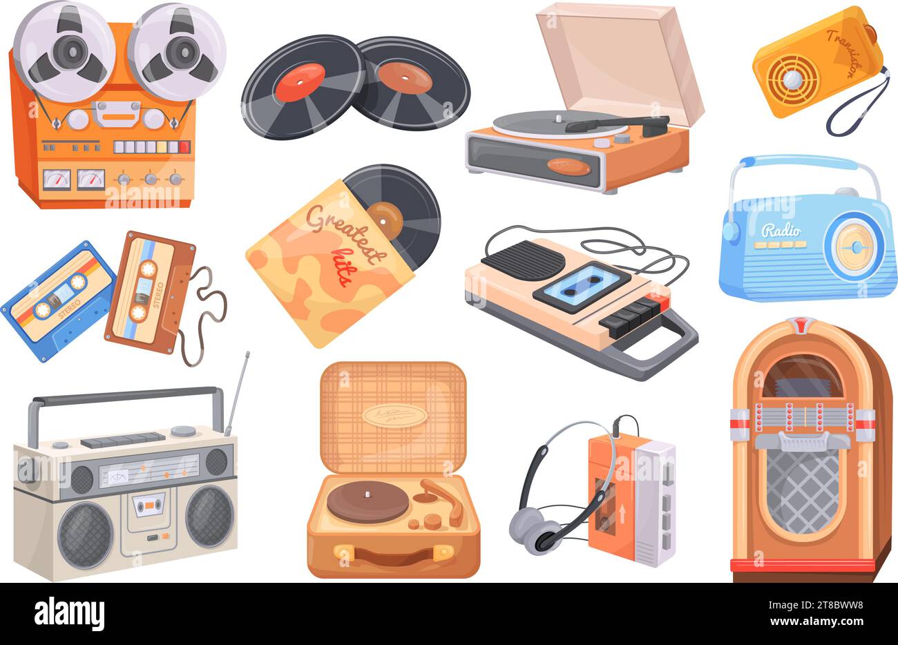 Appareils radio rétro. Juke-box vinyle vintage, lecteur cd ou magnétophone à cassette collection hipster des années 1990, équipement audio stéréo home boombox, illustration vectorielle soignée du son rétro Illustration de Vecteur