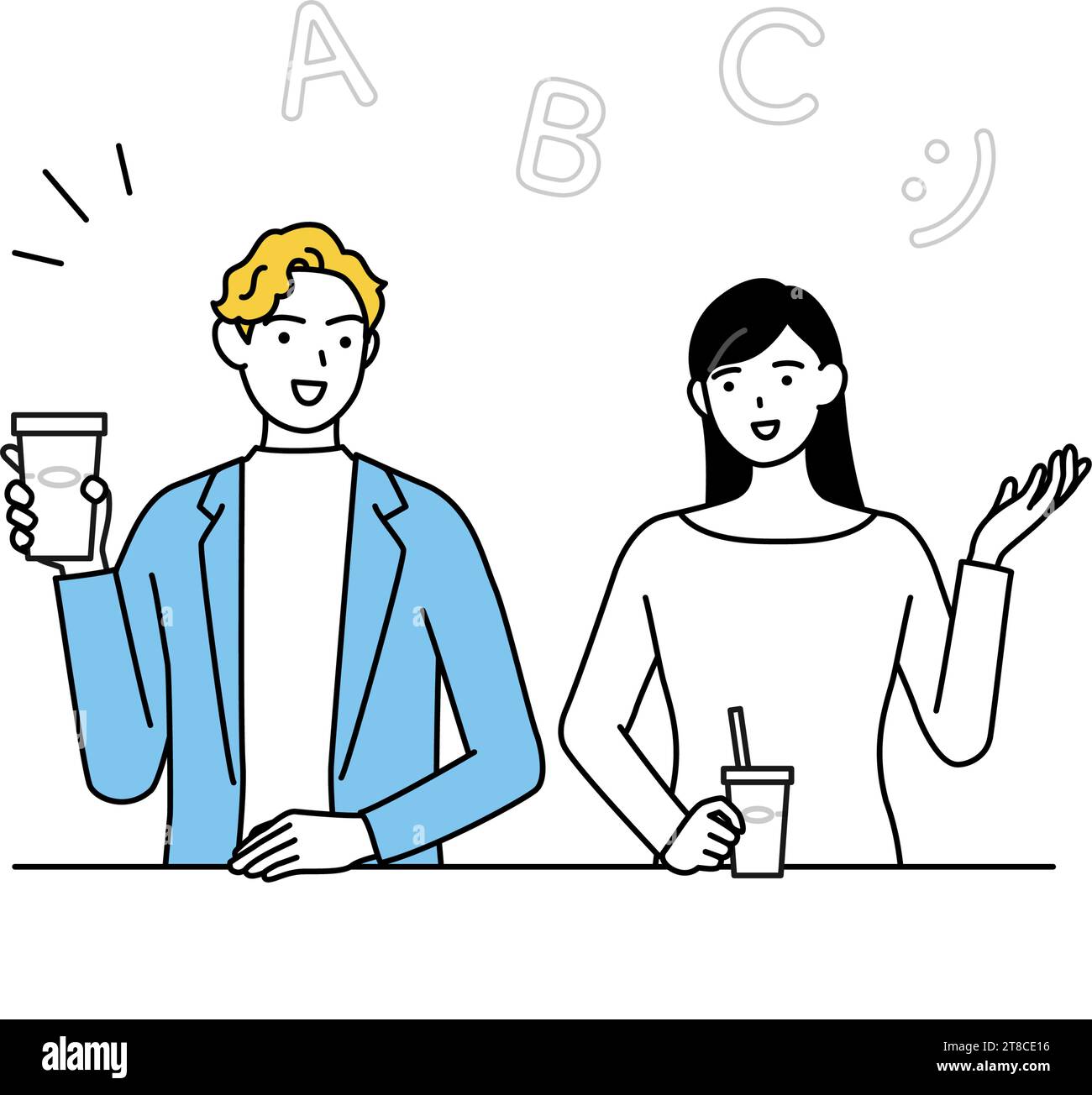 Conversation anglaise, femme japonaise parlant anglais avec un homme blanc dans un café, Illustration vectorielle Illustration de Vecteur