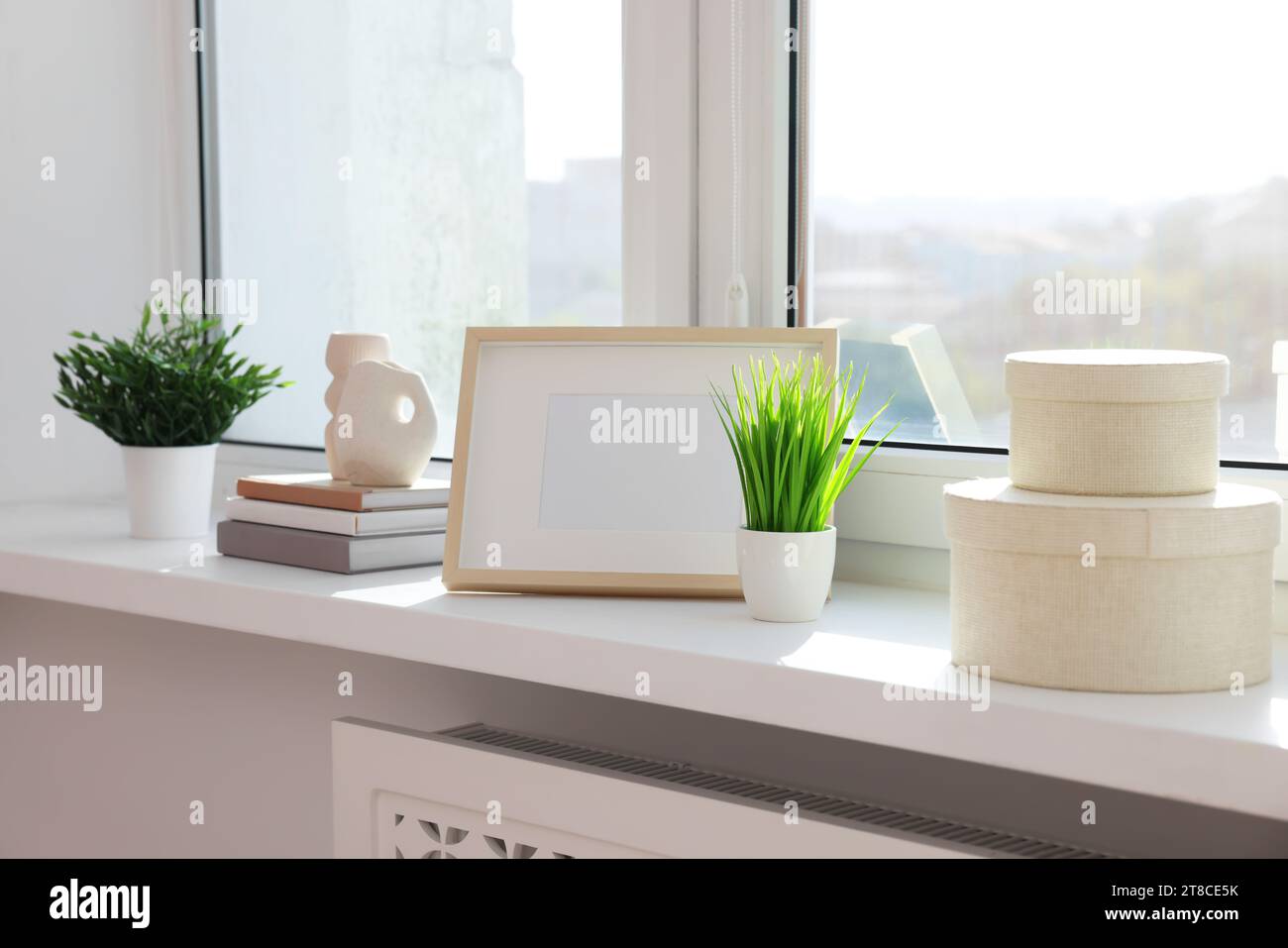 Plantes artificielles en pot, livres et décor sur le rebord de la fenêtre à l'intérieur Banque D'Images
