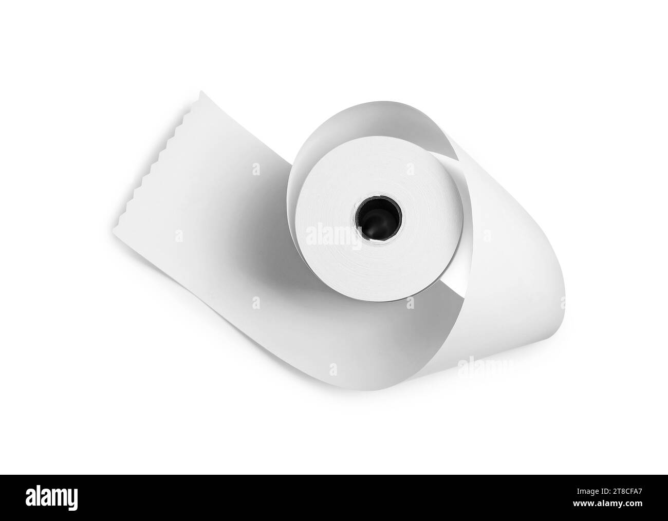 Rouleau de papier thermique pour réception isolé sur blanc, vue de dessus Banque D'Images
