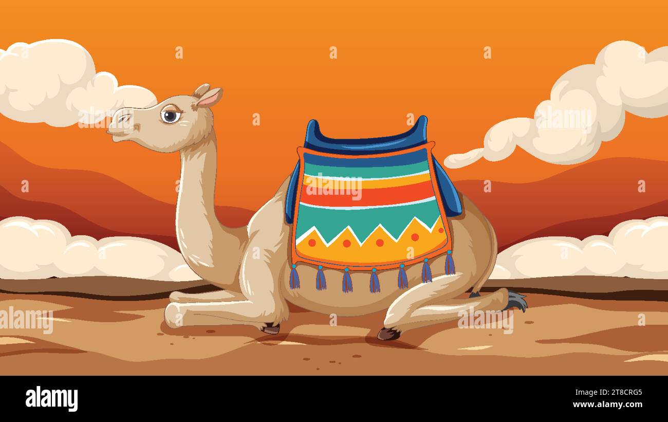 Un chameau de dessin animé mignon assis paisiblement dans un paysage désertique Illustration de Vecteur