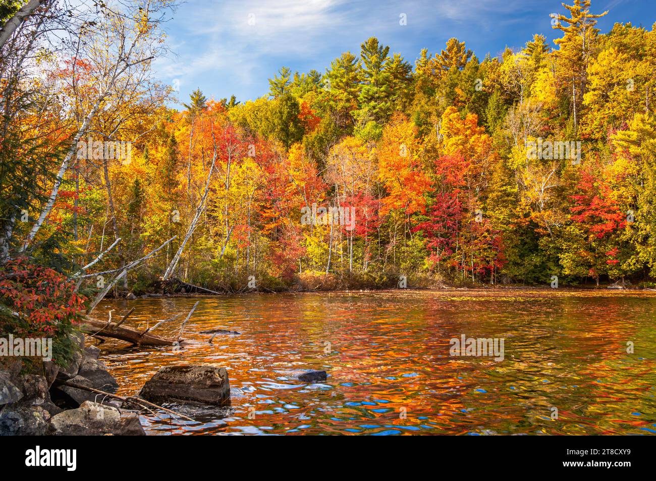 Magnifique feuillage d'automne autour du lac Eagle dans le parc d'État Adirondack des New Yorks. Banque D'Images