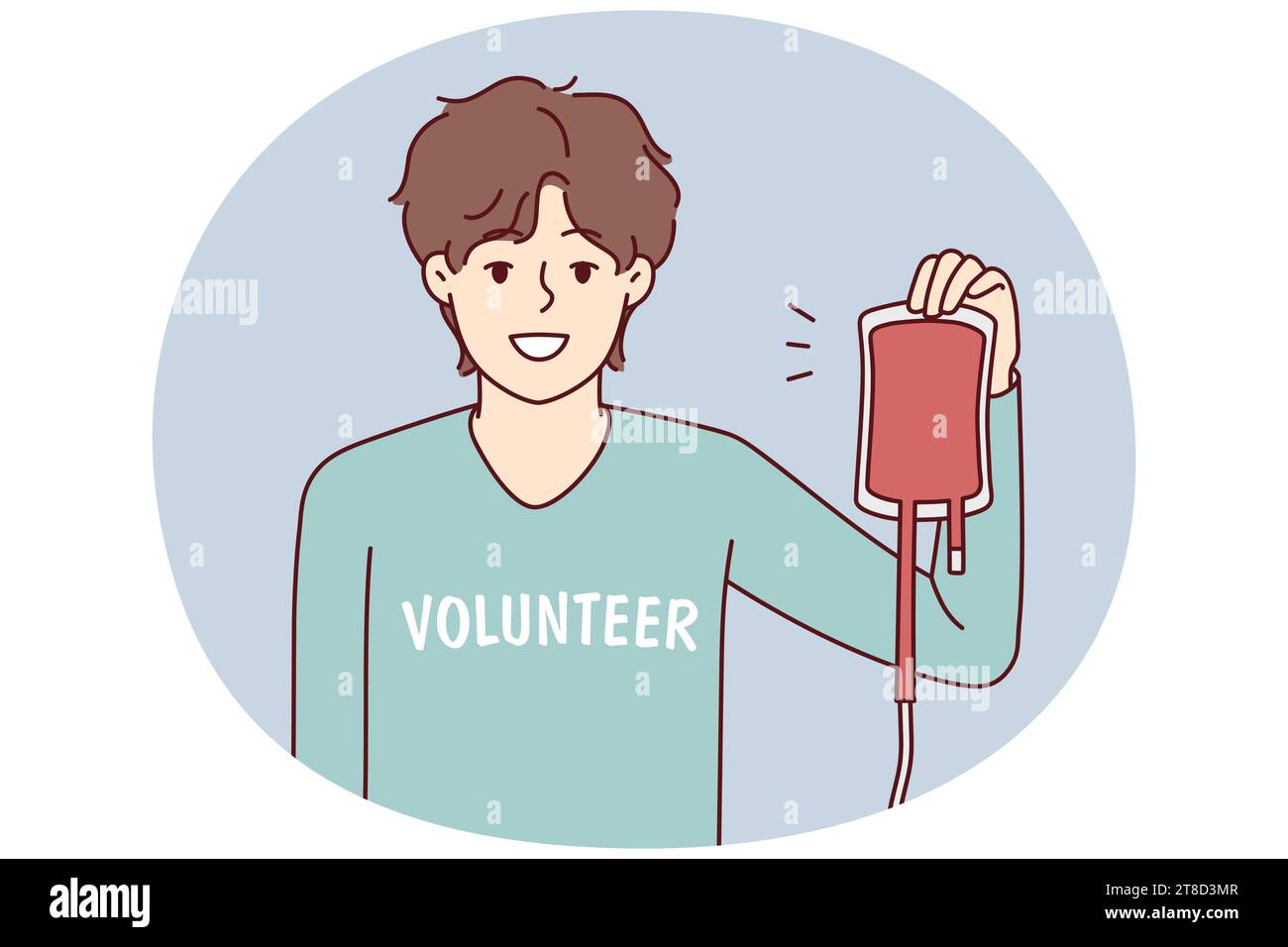 Homme souriant volontaire tenant un sac de sang donnant aux personnes dans le besoin. Bon don de sang dans le centre de dons. Illustration vectorielle. Illustration de Vecteur