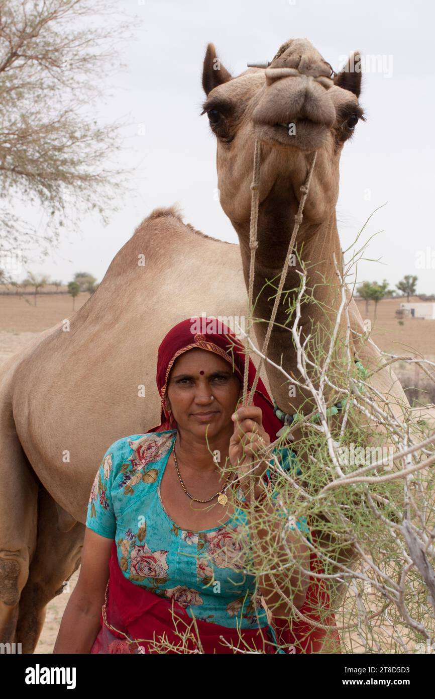 Belle femme indienne au Rajasthan avec un chameau Banque D'Images