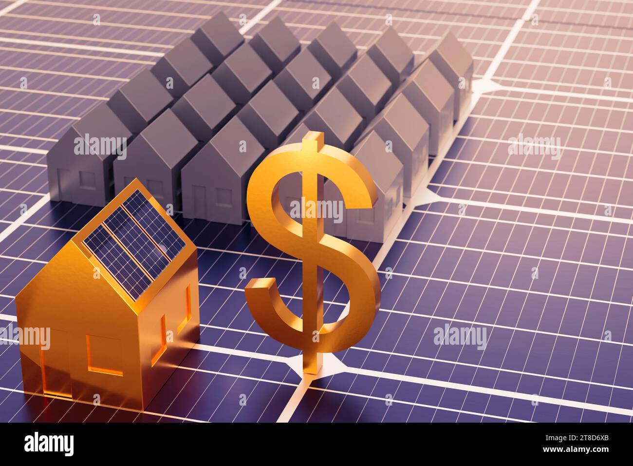 Le symbole du dollar des États-Unis est placé sur la surface du panneau solaire. Modèle de maison dorée avec panneaux solaires sur le toit. Banque D'Images
